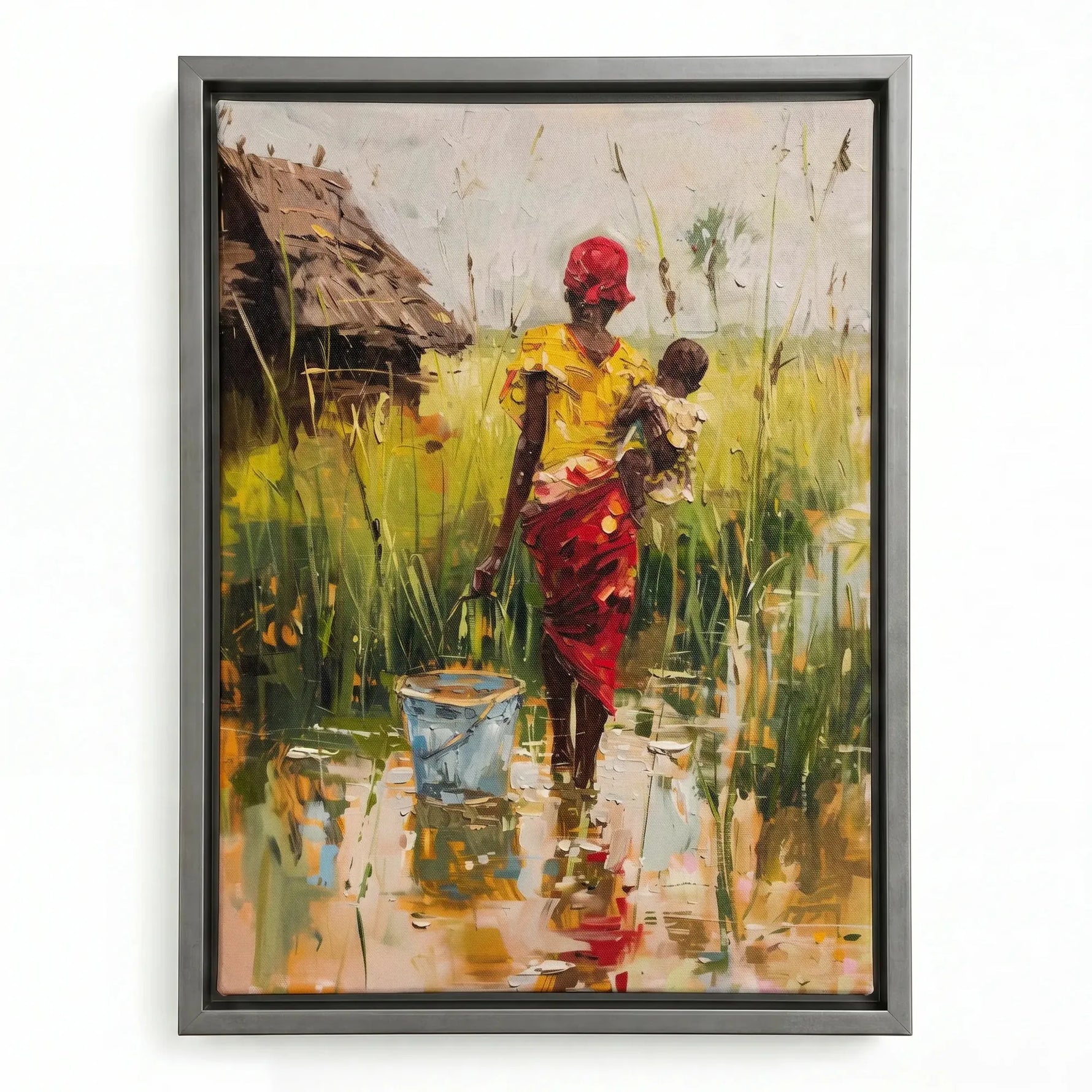 African mother village art in silver floating frame, modern African woman with baby walking to village. Digital mockup.