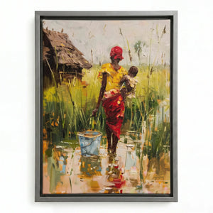 African mother village art in silver floating frame, modern African woman with baby walking to village. Digital mockup.