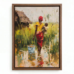African mother village art in walnut floating frame, painterly African woman with baby walking to thatched hut. Digital mockup.