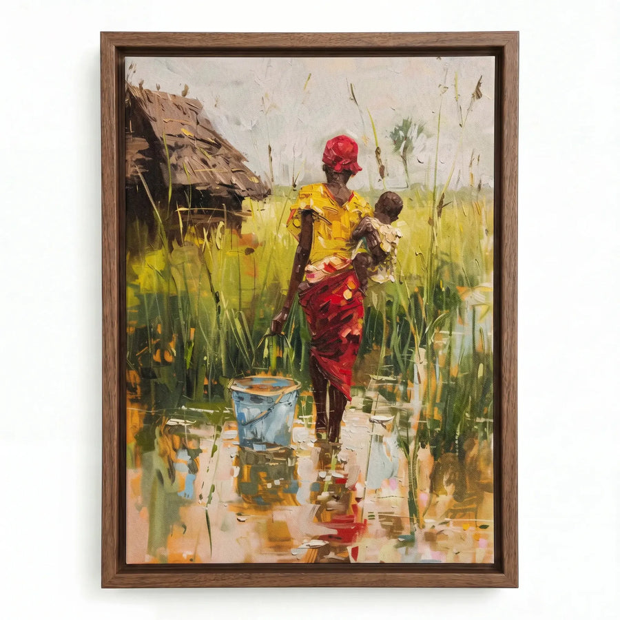African mother village art in walnut floating frame, painterly African woman with baby walking to thatched hut. Digital mockup.