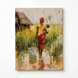 African mother village art stretched canvas, ready to hang. African woman in red headwrap with baby in village. Digital mockup.