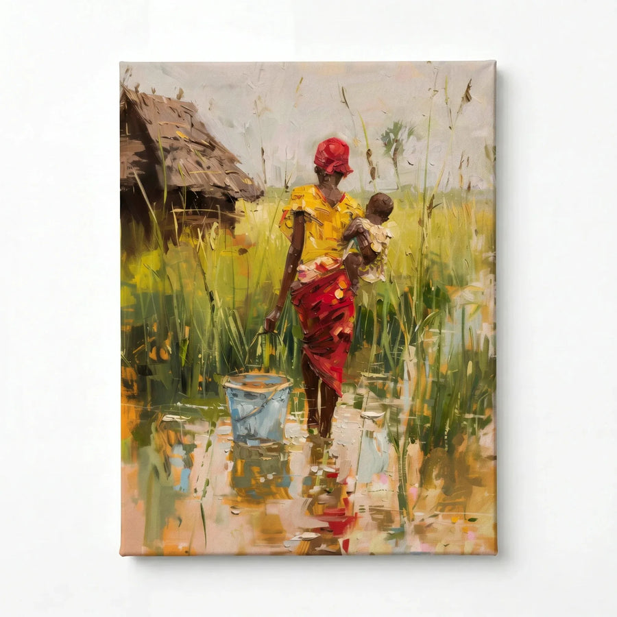 African mother village art stretched canvas, ready to hang. African woman in red headwrap with baby in village. Digital mockup.