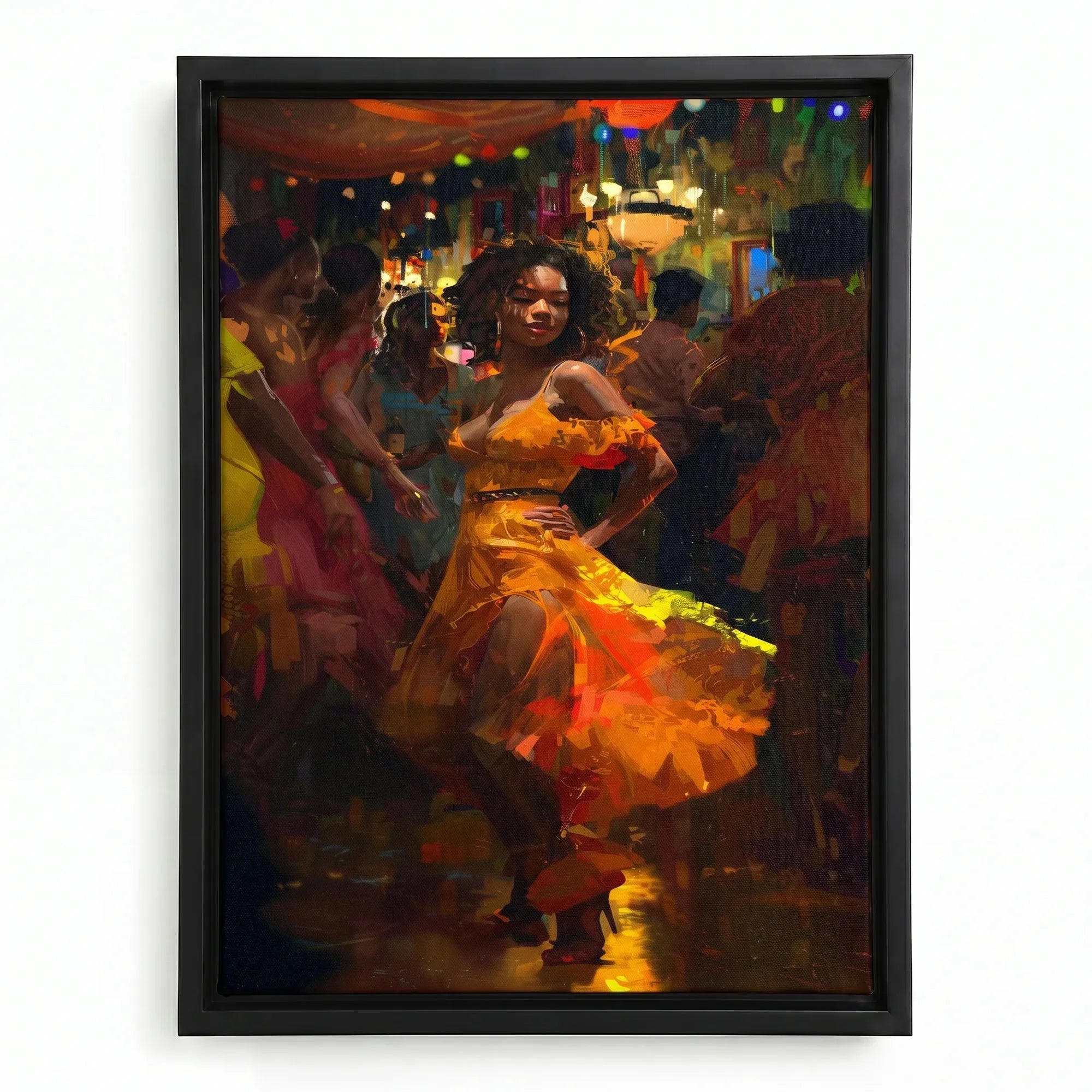 Boho Black girl wall art in black floating frame, painterly Black woman in orange dress dancing salsa at vibrant club. Digital mockup.