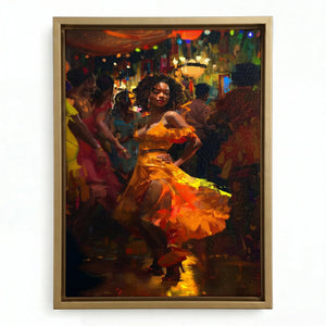 Boho Black girl wall art in gold floating frame, painterly Black woman in orange dress dancing at crowded club. Digital mockup.