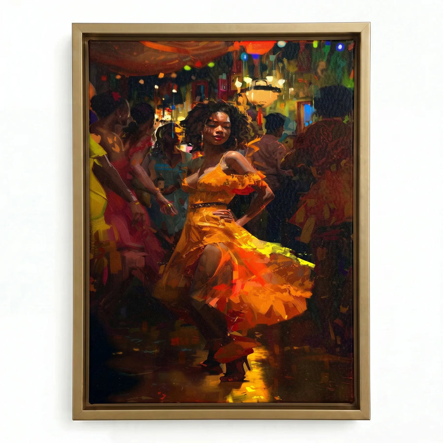 Boho Black girl wall art in gold floating frame, painterly Black woman in orange dress dancing at crowded club. Digital mockup.