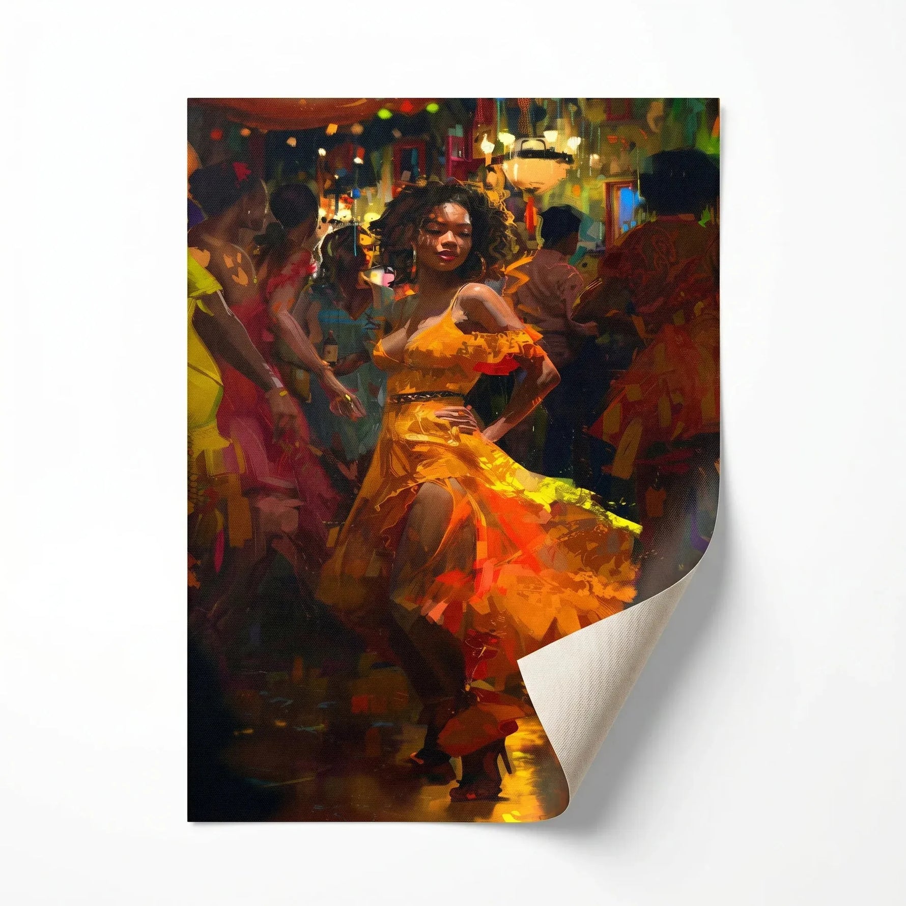 Boho Black girl wall art rolled canvas print ready for custom framing, Black woman in orange dress dancing salsa. Digital mockup.