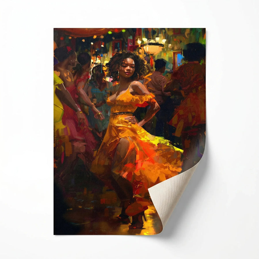 Boho Black girl wall art rolled canvas print ready for custom framing, Black woman in orange dress dancing salsa. Digital mockup.