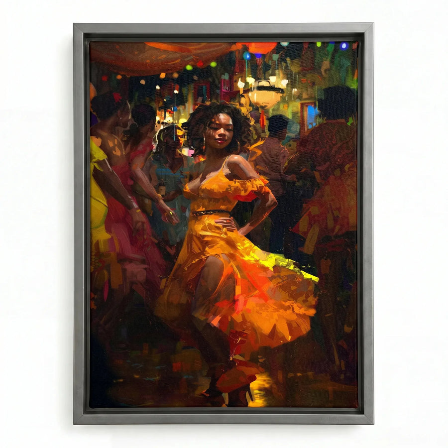 Boho Black girl wall art in silver floating frame, modern Black woman in orange dress dancing salsa at club, painterly art. Digital mockup.