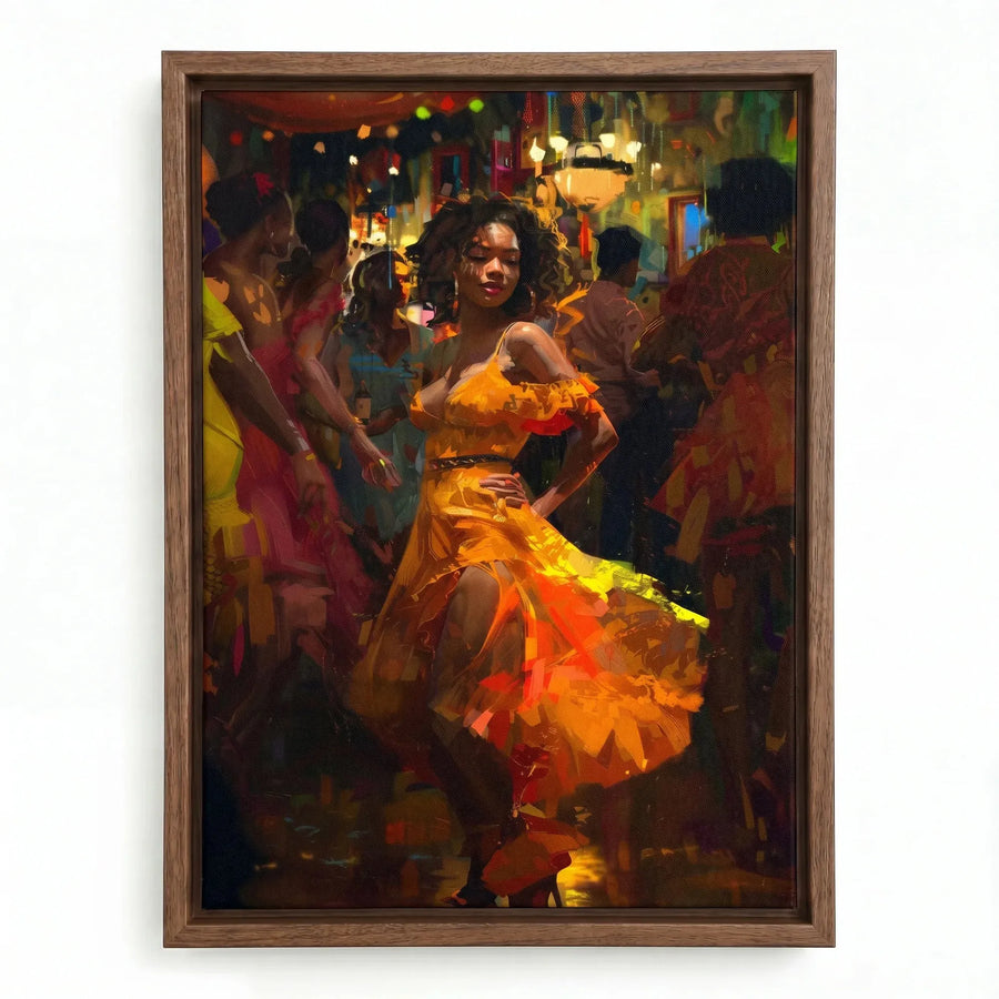 Boho Black girl wall art in walnut floating frame, joyful Black woman in orange dress dancing salsa at warm-lit club. Digital mockup.