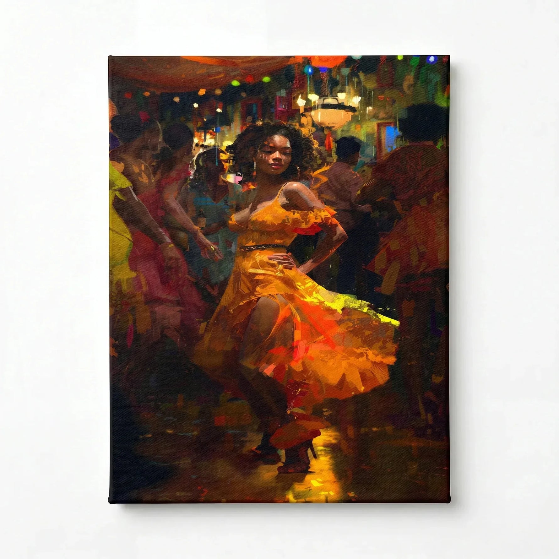 Boho Black girl wall art stretched canvas, ready to hang. Black woman in orange dress dancing salsa at warm-lit club. Digital mockup.