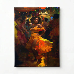 Boho Black girl wall art stretched canvas, ready to hang. Black woman in orange dress dancing salsa at warm-lit club. Digital mockup.