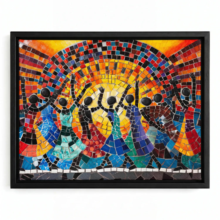 African mosaic tribal canvas in black floating frame, glass mosaic African dancers raising arms before glowing sun. Digital mockup.