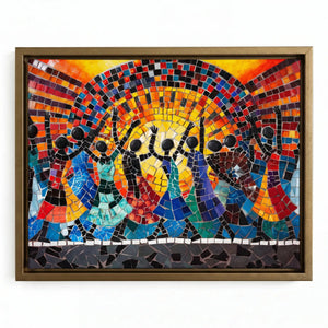 African mosaic tribal canvas in gold floating frame, vibrant mosaic African dancers raising arms before sun, oil painting. Digital mockup.