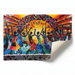African mosaic tribal canvas rolled canvas print ready for custom framing, mosaic African dancers before sun, oil painting. Digital mockup.