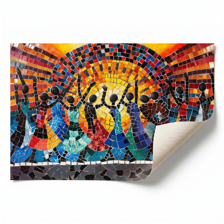African mosaic tribal canvas rolled canvas print ready for custom framing, mosaic African dancers before sun, oil painting. Digital mockup.