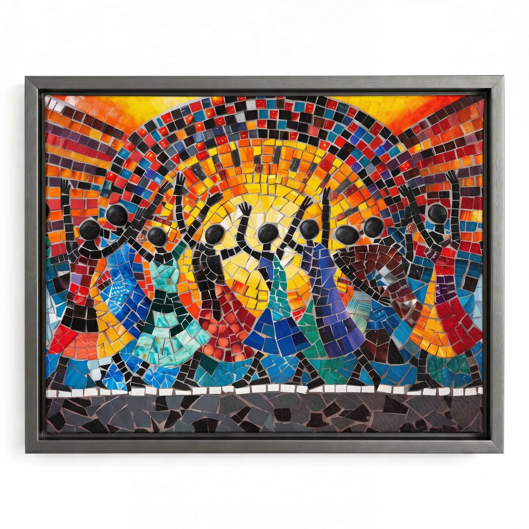 African mosaic tribal canvas in silver floating frame, modern glass mosaic African dancers before glowing sun, oil painting. Digital mockup.