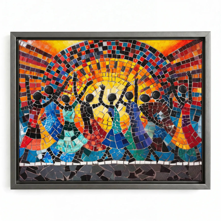 African mosaic tribal canvas in silver floating frame, modern glass mosaic African dancers before glowing sun, oil painting. Digital mockup.