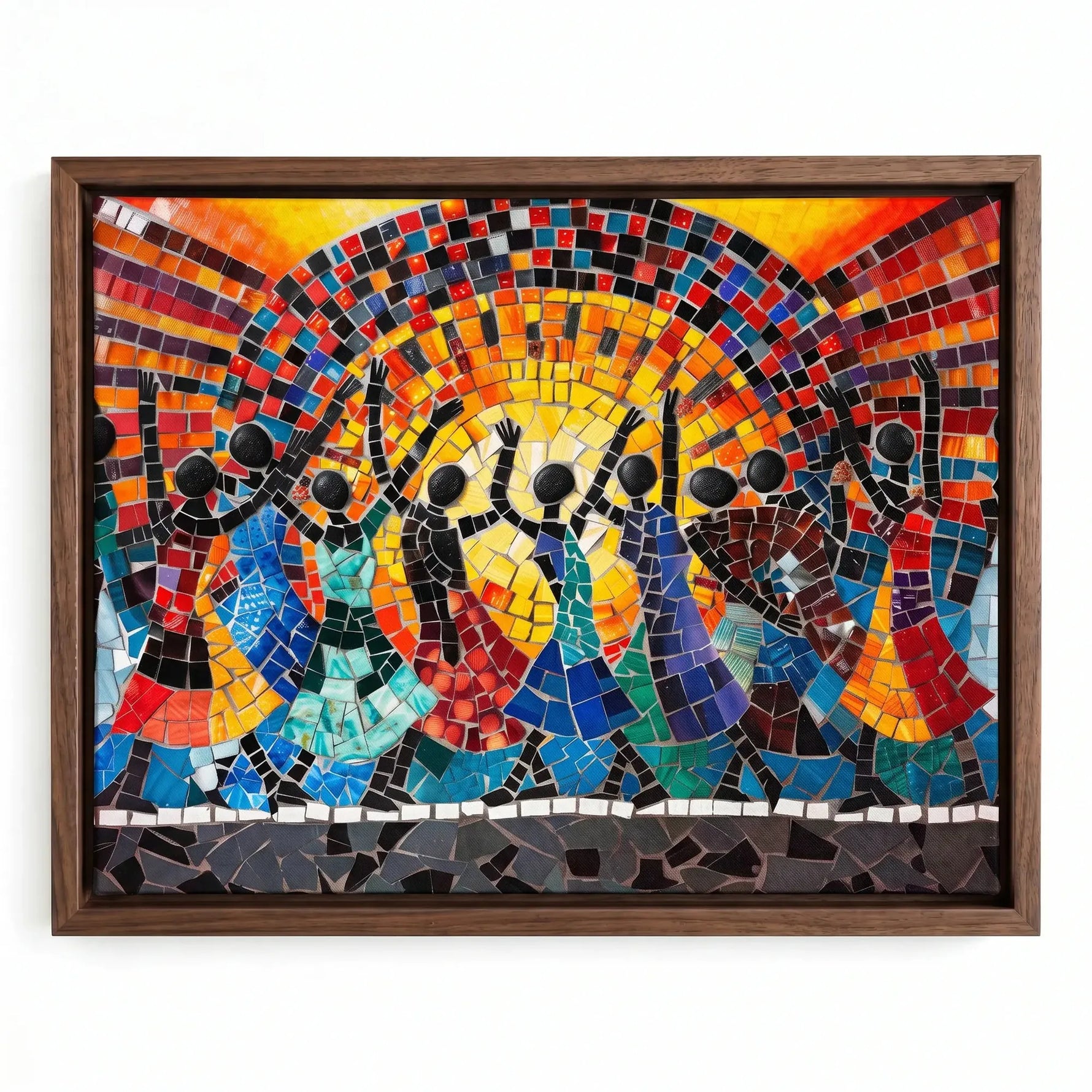 African mosaic tribal canvas in walnut floating frame, mosaic tile African dancers celebrating before sun, oil painting. Digital mockup.