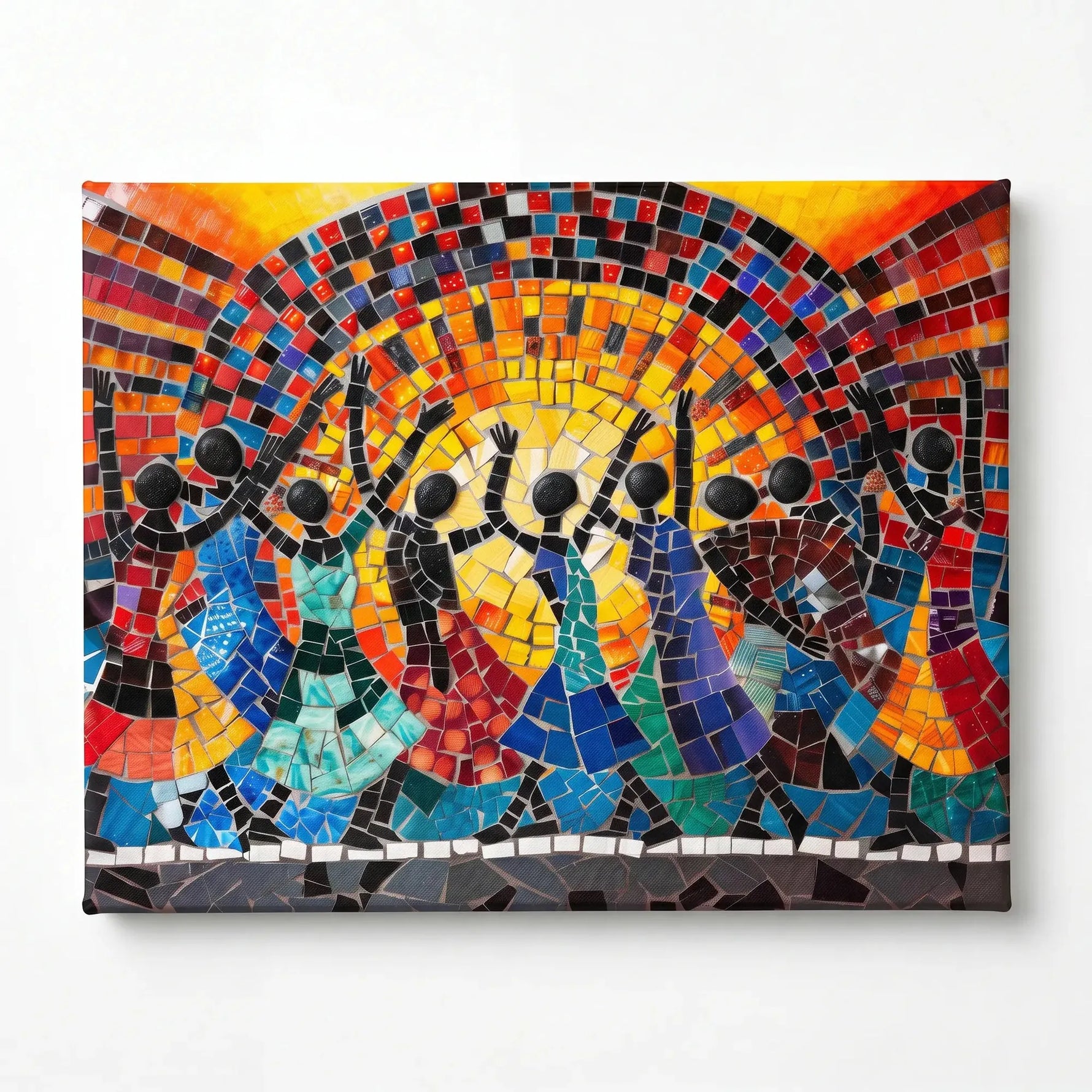 African mosaic tribal canvas stretched canvas, ready to hang. Mosaic African dancers raising arms before sun, oil painting. Digital mockup.