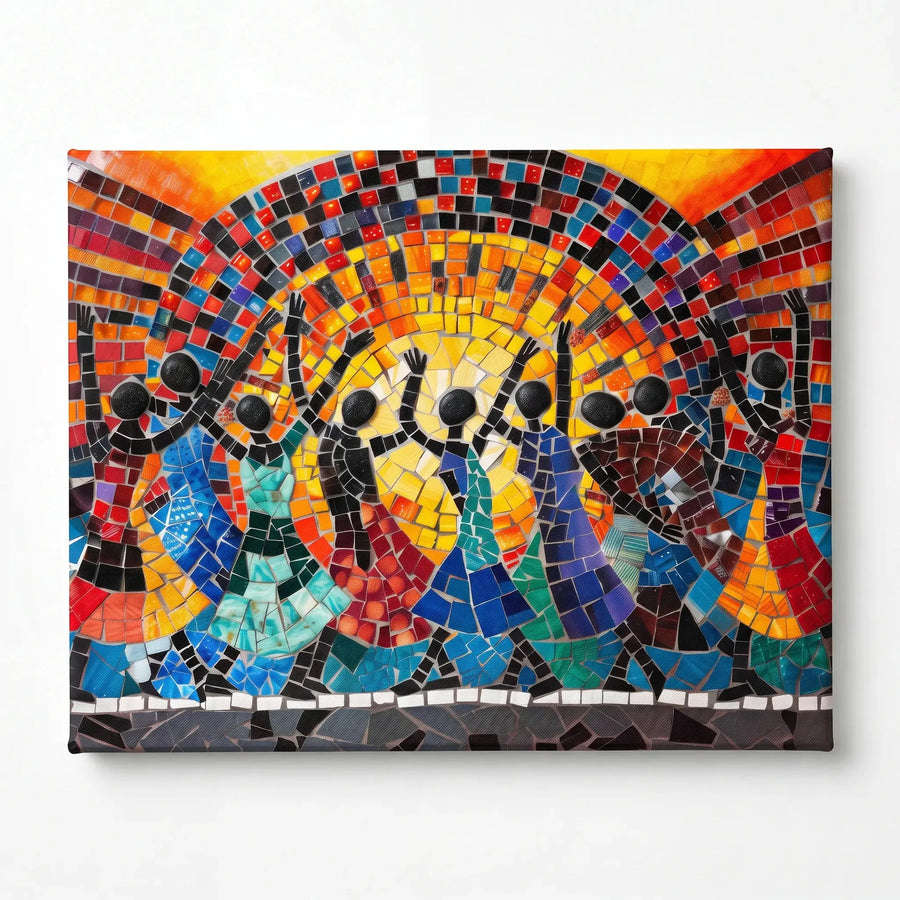 African mosaic tribal canvas stretched canvas, ready to hang. Mosaic African dancers raising arms before sun, oil painting. Digital mockup.