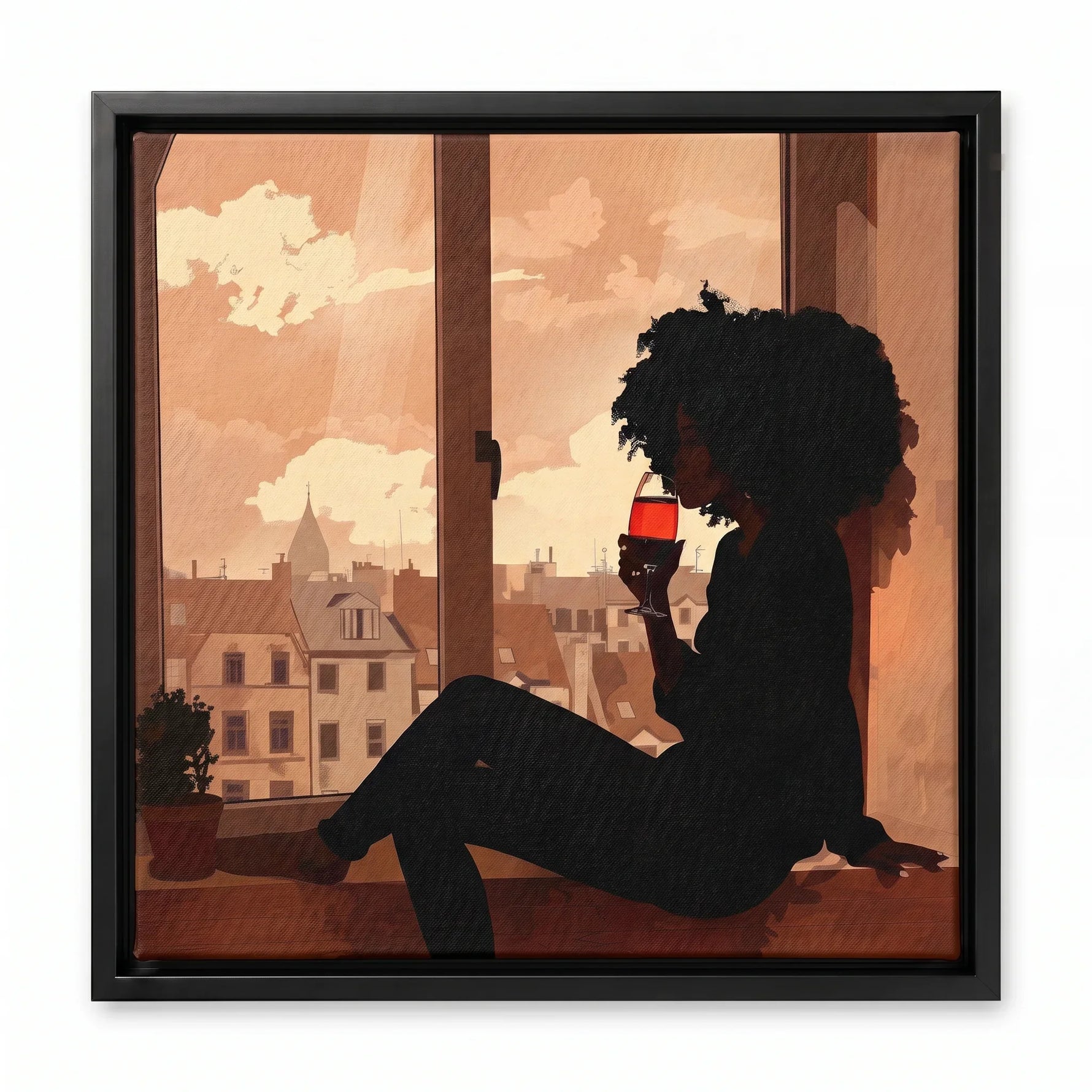 Sippin canvas in black floating frame, Modern Black art. Digital mockup.