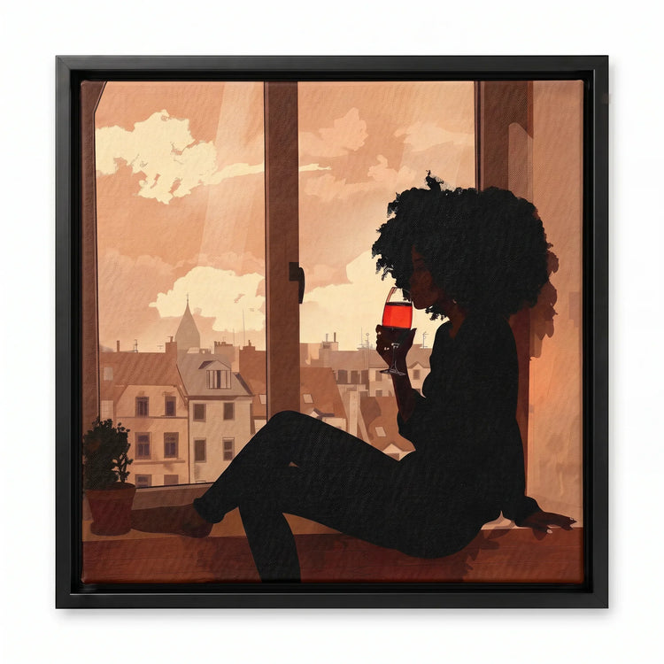 Sippin canvas in black floating frame, Modern Black art. Digital mockup.