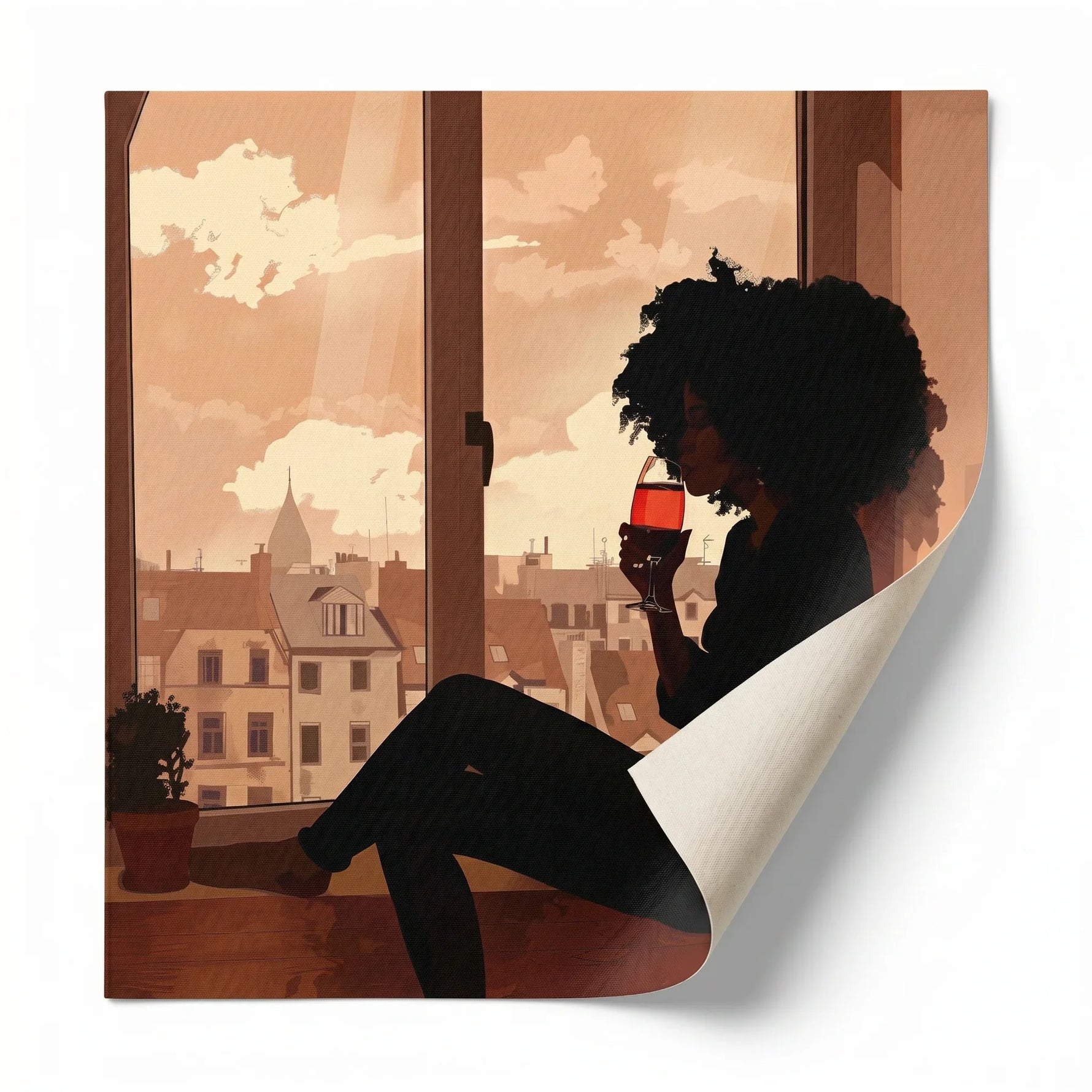 Sippin canvas print rolled for custom framing, Afro boho living room art. Digital mockup.