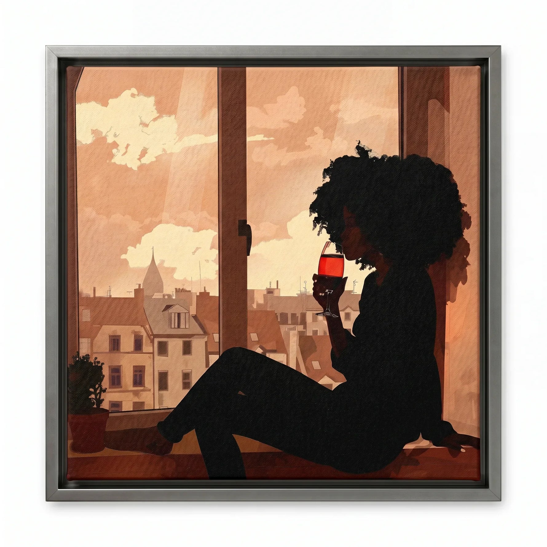 Sippin canvas in silver floating frame, Afrocentric kitchen wall art. Digital mockup.