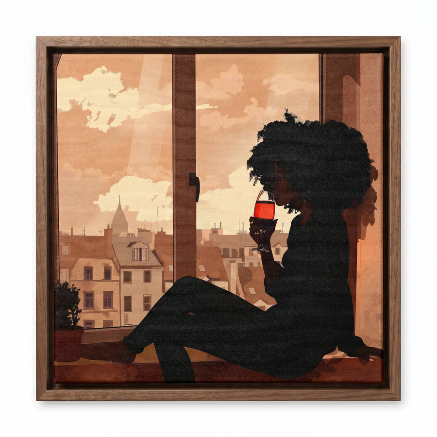 Sippin canvas in walnut floating frame, Afro boho living room art. Digital mockup.