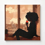 Sippin stretched canvas with gallery wrap edges, Afrohemian home decor wall art. Digital mockup.