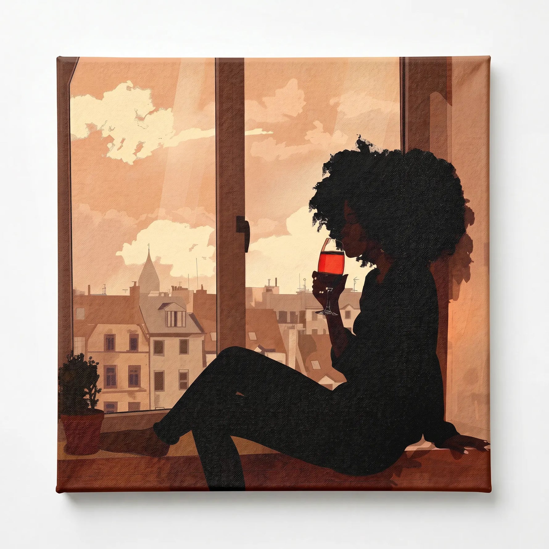 Sippin stretched canvas with gallery wrap edges, Afrohemian home decor wall art. Digital mockup.