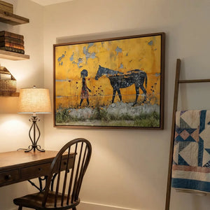 Black home office art in vintage farmhouse study with iron desk and Windsor chair, Black girl with horse street-art stencil. Digital mockup.