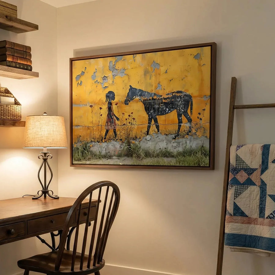 Black home office art in vintage farmhouse study with iron desk and Windsor chair, Black girl with horse street-art stencil. Digital mockup.