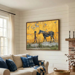 Modern African American art in scandi space with pink boucle chair and pampas vase, Black girl with horse street-art stencil. Digital mockup.