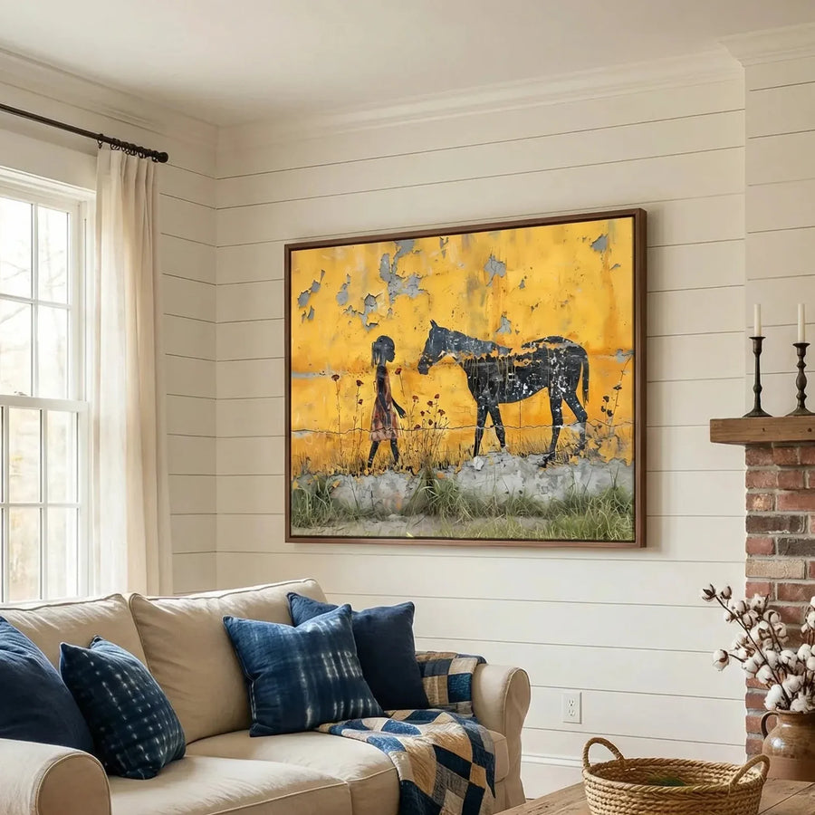 Modern African American art in scandi space with pink boucle chair and pampas vase, Black girl with horse street-art stencil. Digital mockup.