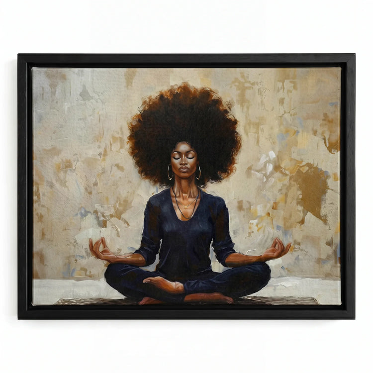 Still Waters canvas in black floating frame, Black girl magic bedroom decor. Digital mockup.