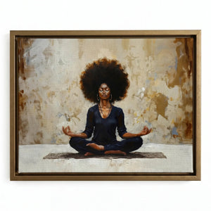 Black woman yoga art in gold floating frame, serene Black woman with afro meditating in lotus pose, impasto oil painting. Digital mockup.