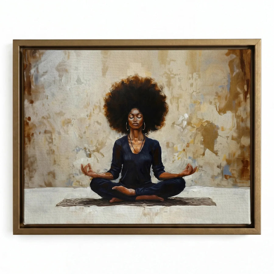 Black woman yoga art in gold floating frame, serene Black woman with afro meditating in lotus pose, impasto oil painting. Digital mockup.