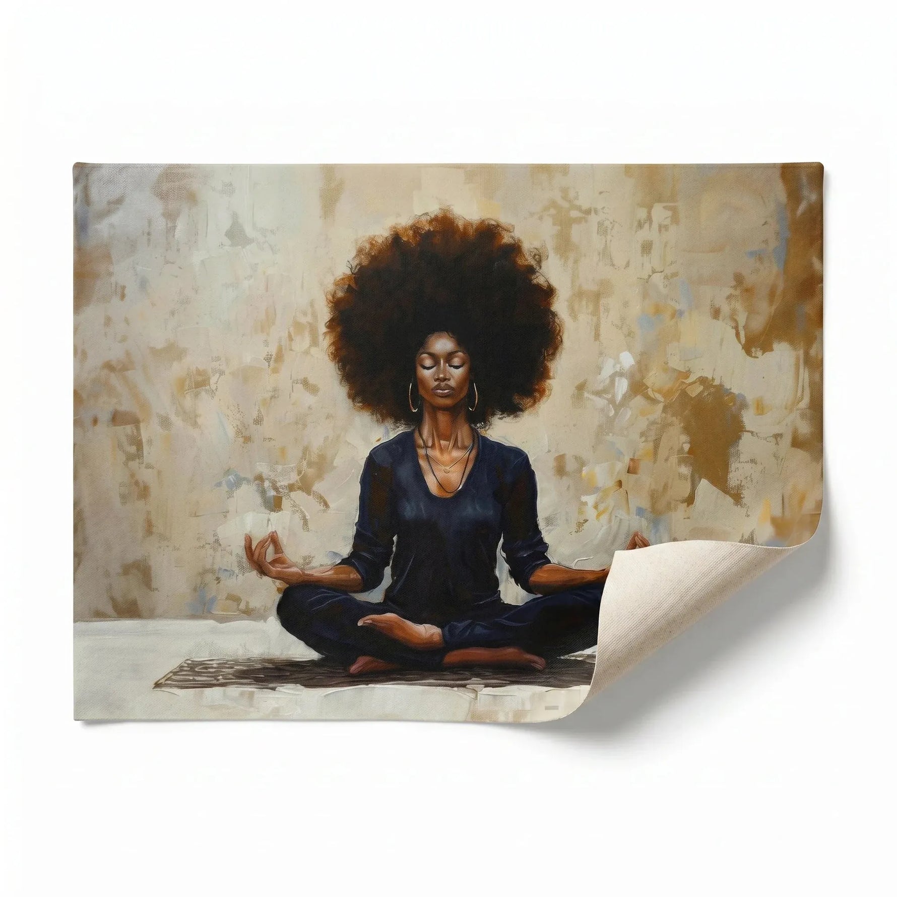 Black woman yoga art rolled canvas print ready for custom framing, Black woman meditating in lotus pose, impasto oil painting. Digital mockup.