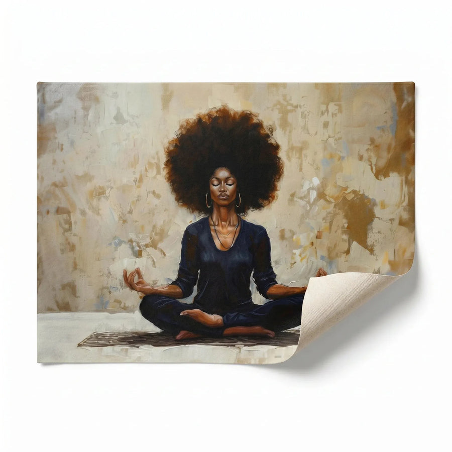 Black woman yoga art rolled canvas print ready for custom framing, Black woman meditating in lotus pose, impasto oil painting. Digital mockup.