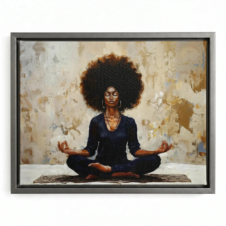 Black woman yoga art in silver floating frame, modern Black woman meditating in navy top, impasto oil painting. Digital mockup.