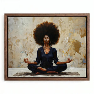 Black woman yoga art in walnut floating frame, impasto Black woman in lotus meditation pose. Digital mockup.