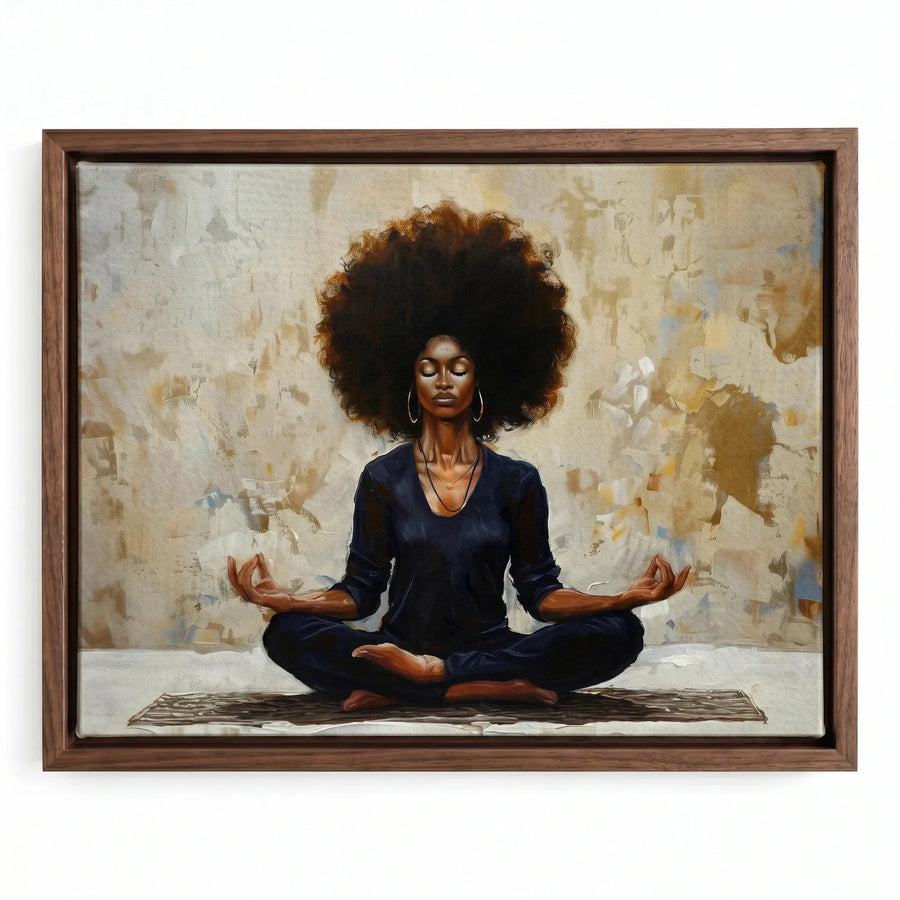 Black woman yoga art in walnut floating frame, impasto Black woman in lotus meditation pose. Digital mockup.