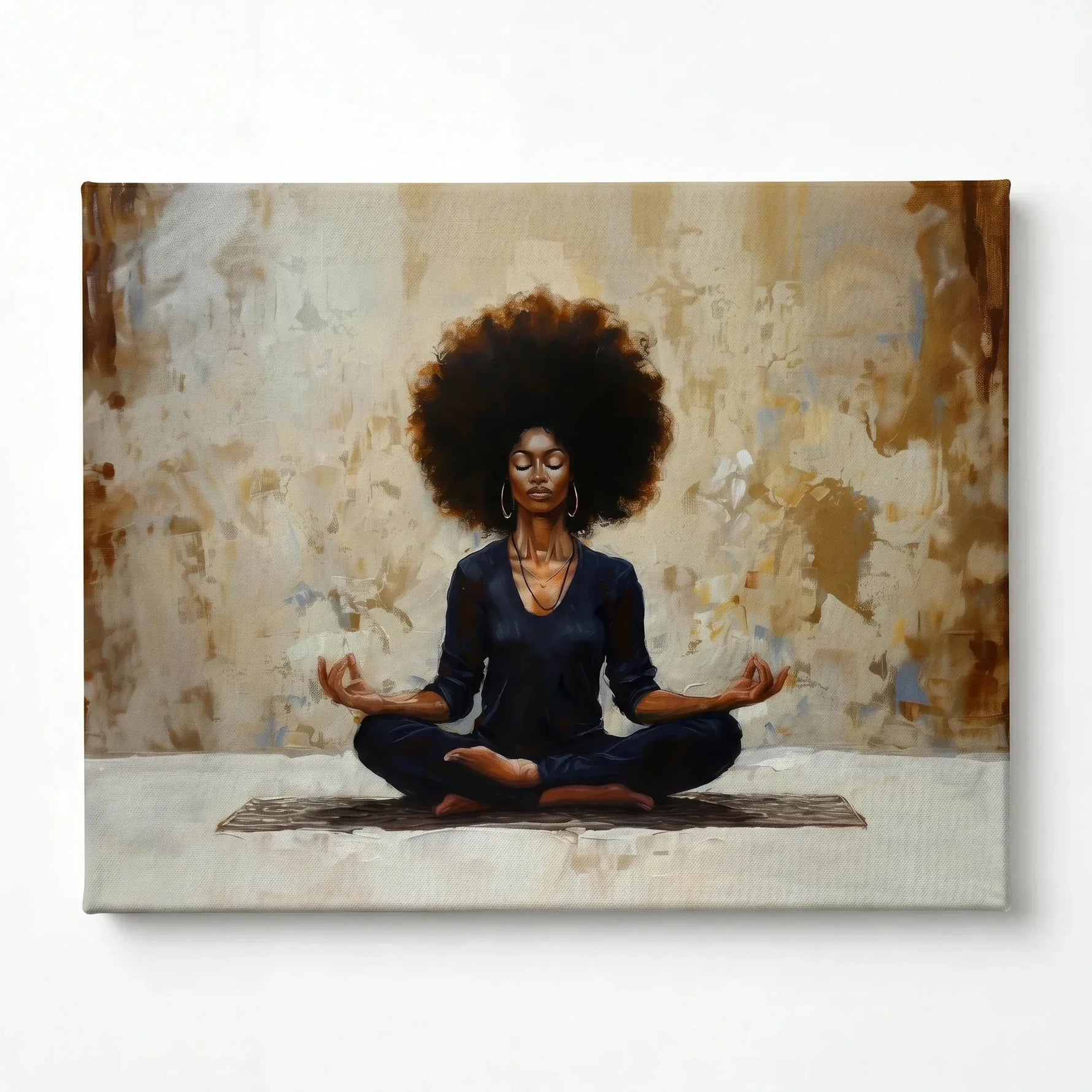 Black woman yoga art stretched canvas, ready to hang. Black woman with afro meditating in lotus pose, impasto oil painting. Digital mockup.