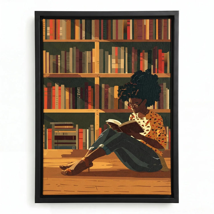 Black girl reading canvas in black floating frame, stylized illustration of Black girl with afro puffs reading in library. Digital mockup.