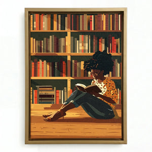 Black girl reading canvas in gold floating frame, stylized Black girl in glasses reading in cozy library, oil painting. Digital mockup.