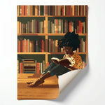 Black girl reading canvas rolled canvas print ready for custom framing, illustrated Black girl reading in library. Digital mockup.
