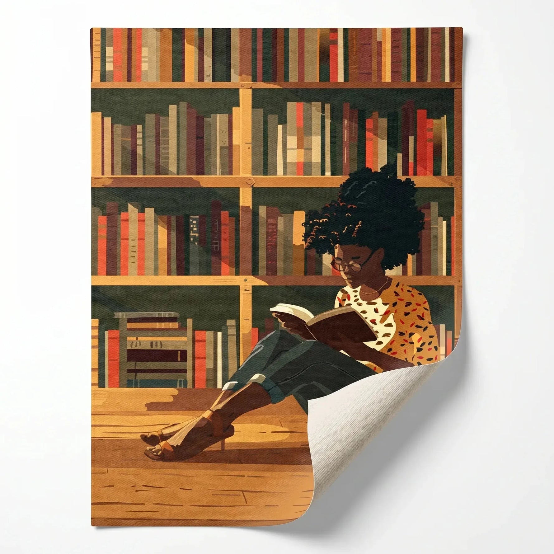 Black girl reading canvas rolled canvas print ready for custom framing, illustrated Black girl reading in library. Digital mockup.