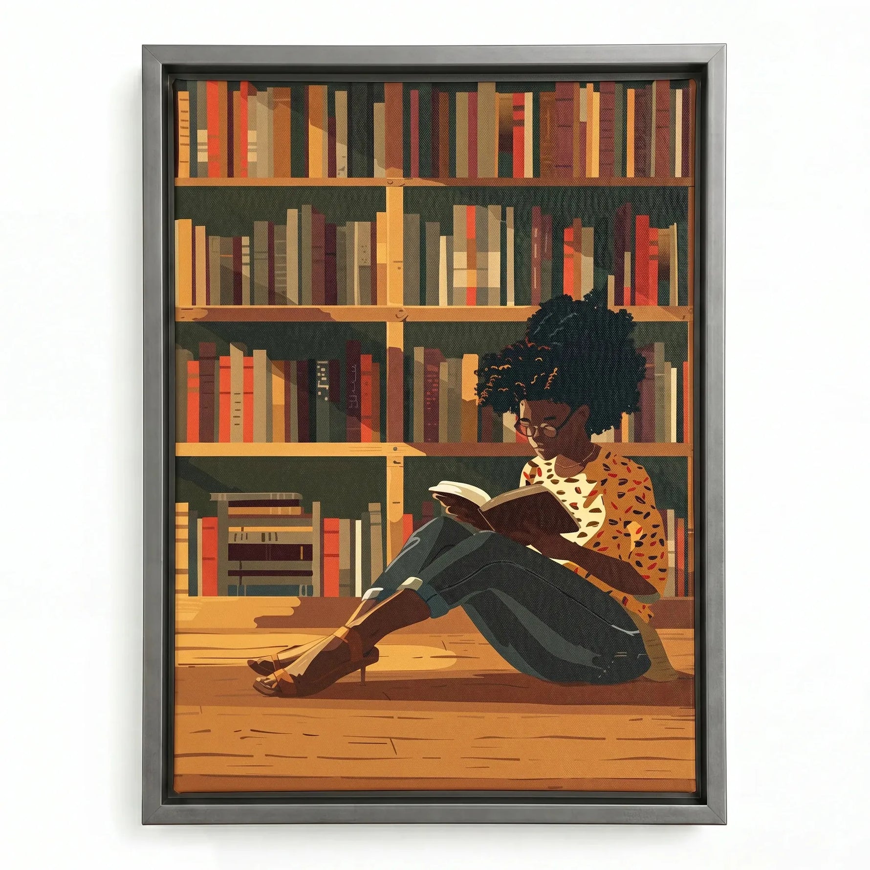 Black girl reading canvas in silver floating frame, modern illustrated Black girl reading book in library, oil painting. Digital mockup.