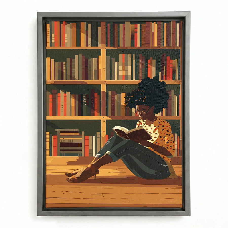 Black girl reading canvas in silver floating frame, modern illustrated Black girl reading book in library, oil painting. Digital mockup.